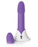 Sensuelle Point Plus Purple super bullet vibrator with multiple attachments on charging base.