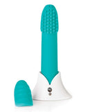Sensuelle Point Plus Teal Blue vibrating bullet with two interchangeable tips and charging base.