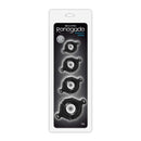 Renegade Vitality Cock Ring Kit 4 Per Set Black displayed on packaging with four unique sizes for enhanced pleasure.