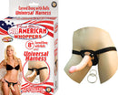 All American Whopper 8-Inch Dong with Universal Harness in packaging, demonstrating realistic design and adjustable fit.