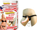 All American Whopper 8-Inch Vibrating Dong with Universal Harness and Dual Jack Controller for enhanced pleasure.