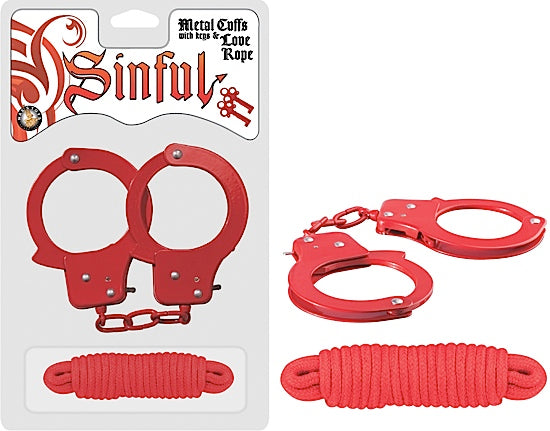 Nasstoys SINFUL METAL CUFFS W/LOVE ROPE RED at $16.99