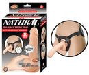Natural Realskin Squirting Penis 8 inch with Adjustable Harness in packaging and worn on mannequin.