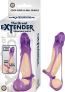 Nasstoys The Great Extender Vibrating Sleeve in purple with packaging, designed to add length and vibrations, featuring a cockring and ball cradle