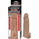 Natural Realskin Vibrating Penis Xtender in brown packaging, adds 3 inches to length and enhances pleasure.