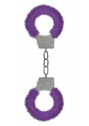 Purple faux fur handcuffs with quick release, designed for beginners, featuring metal construction for durable and safe light bondage play.