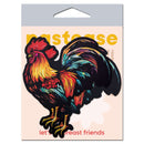 Colorful rooster pasties by Pastease with vibrant feathers, showcasing playful charm on packaging.