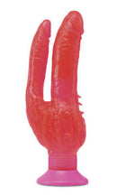 Waterproof Wall Banger Double Penetrator vibrator in pink with flexible jelly material and powerful suction cup base for DP pleasure.