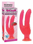 Waterproof Wall Banger Double Penetrator in pink with realistic penis heads and suction cup base for double penetration pleasure.