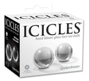 Icicles Hand-Blown Glass Ben Wa Balls No.42 packaging with two medium-sized borosilicate glass balls for stimulation and muscle control.