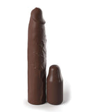Fantasy X-Tensions Elite 9-Inch Sleeve with 3-Inch Plug in Sensual Brown made from Elite Silicone for enhanced pleasure and performance.
