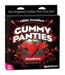 Packaging of Strawberry Edible Crotchless Gummy Panties, "The Original Undies You Can Eat!" with bold fruit flavor for her.