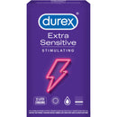 Durex Extra Sensitive Stimulating Latex Condoms pack - 12 count with ribbed texture and tingling lubricant for enhanced pleasure.