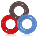 Screaming O Ring O 18 Piece Display featuring red, blue, and gray silicone cock rings for enhanced pleasure and stamina.