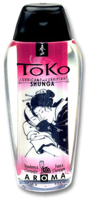 Toko Aroma Strawberry Champagne Flavored Lubricant by Shunga Erotic Art, 5.5 Oz bottle with sensual label design.