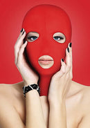 Person wearing Ouch! Subversion Mask - 3 Hole Hood in red for BDSM play, covering face with openings for eyes and mouth.