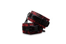 Rosegasm Faux Leather Buckle Cuffs with Satin Blindfold in red floral design for intimate play.