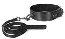 Black faux leather collar and leash set with locking buckle and nickel-free hardware by Spartacus Leathers.