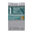 Trojan Condoms Raw Pure Feel Non-Latex box highlighting features like body heat transfer, odorless design, and triple testing safety.
