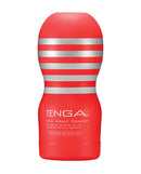 Tenga Original Vacuum Cup Masturbation Sleeve in red packaging with silver stripes for male pleasure.