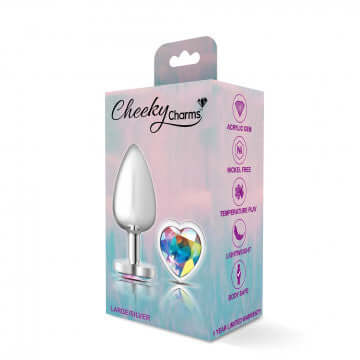 Cheeky Charms Heart Clear Iridescent Large Silver Butt Plug
