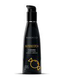 Wicked Aqua Butterscotch Flavored Lube 4 oz, water-based, vegan, paraben-free, black bottle with pump dispenser.