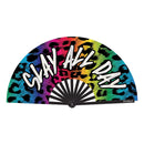 Slay All Day hand fan with vibrant animal print design by Wood Rocket