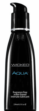 Wicked Aqua Lube 8.5 Oz in sleek black pump bottle, vegan and cruelty-free water-based lubricant from Wicked Sensual Care.