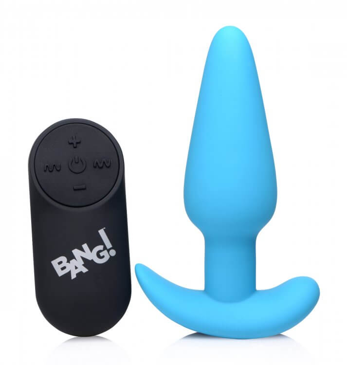 XR Brands Bang! 21X Vibrating Silicone Butt Plug with Remote Control Blue at $41.99