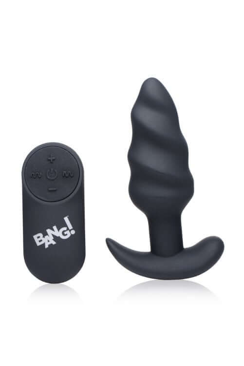 XR Brands Bang! 21X Vibrating Silicone Swirl Butt Plug with Remote Control Black at $44.99