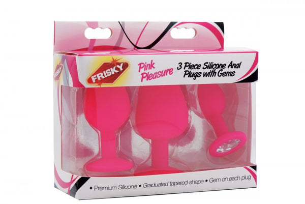 XR Brands Frisky Pink Pleasure 3 Piece Silicone Anal Plugs with Gem Ends at $39.99