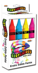 Bodylicious Erotic Edible Body Pens 4 Pack colorful edible body paints in a fun packaging.