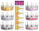 Kheper Games Bride To Be Party Crowns in various designs: Bride-to-Be, Miss Priss, Drink & Disorderly, Hot Mess, Crazy Bitch, Naughty Nancy