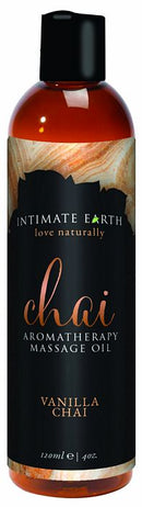 Intimate Earth Vanilla Chai Aromatherapy Massage Oil 4oz, natural oils for soothing skin and muscle relaxation.