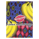 Latex Dental Dam Banana Condom packaging featuring colorful bananas and playful design for safe oral sex.