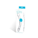 Glas Double Trouble Glass Dildo packaging showcasing ribbed, double-headed design for shared pleasure and unrivaled stimulation.