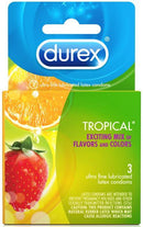 Durex Tropical Condoms 3 Pack with flavored, colored, and scented latex for enhanced intimate experiences.