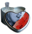 Earthly Body 3-in-1 Heart Edible Watermelon Massage Candle in tin with lid featuring woman's face and watermelon slice