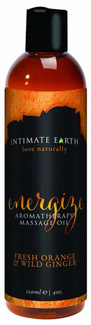 Intimate Earth Energizing Aromatherapy Massage Oil in Fresh Orange and Wild Ginger scent, 4 oz bottle.