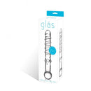 Callisto Clear Glass Dildo in packaging from Glas, featuring spiraled ridges and thick nubs for heightened sensations