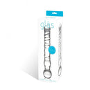 Glas Joystick Clear Glass Dildo in packaging showing spiraled design for enhanced pleasure