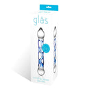 Glas 6.5-Inch Full Tip Textured Glass Dildo packaging with clear and blue design, showcasing body-safe borosilicate glass.
