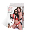 Lux Fetish Collar and Cuffs Set packaging with Satin Blindfold for adventurous couples' intimate collection.