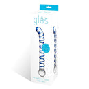 Mr. Swirly 6.5-Inch G-Spot Glass Dildo by Glas in packaging, showcasing its artistic blue and clear design.