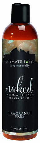 Intimate Earth Naked Unscented Massage Oil 4 oz bottle for natural, fragrance-free relaxation and muscle relief