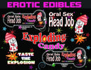 "Erotic edibles featuring Head Job oral sex exploding candy in strawberry and cherry flavors with playful packaging"