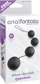 Deluxe Vibro Balls packaging from Pipedream's Anal Fantasy collection for anal stimulation, featuring safe retrieval cord and prep kit.
