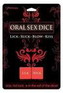Oral Sex Dice game packaging featuring sensual commands "Lick" and body part "Neck" for intimate couple play.