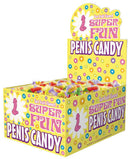 Colorful display of fruit flavored mini penis candies in a cheerful box with flowers and playful text.