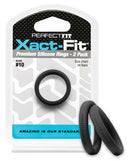 Perfect Fit Xact Fit Number 10 Premium Silicone Rings 2 Pack Black with packaging and size chart.
